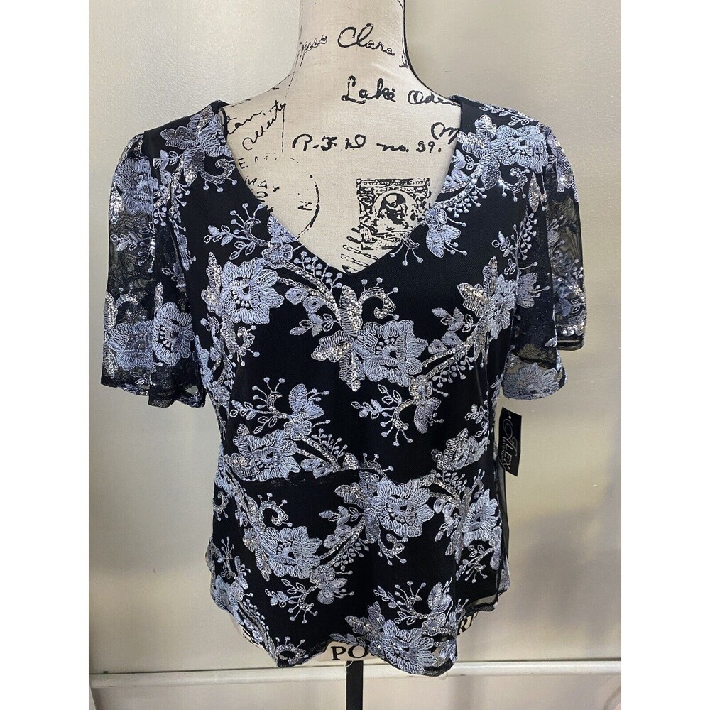 Alex Evenings Black & Silver Sequin 3/4 Sleeve V Neckline Top Size L P